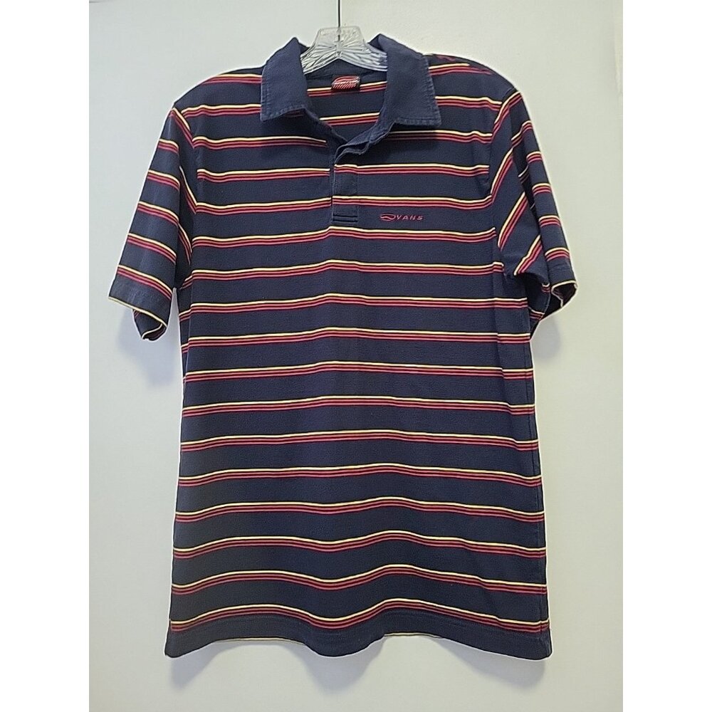 Vintage Vans Polo Shirt Striped Navy Blue Yellow Red Medium